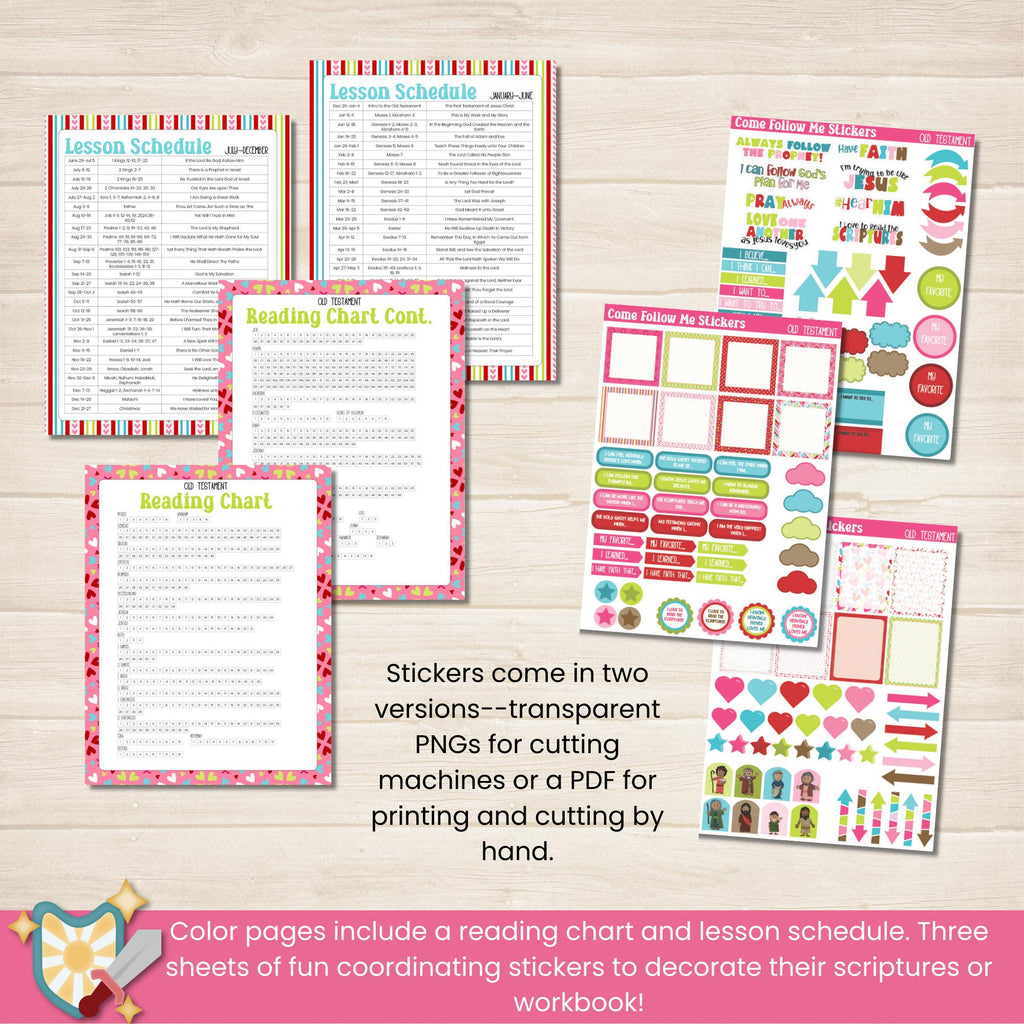 2026 Old Testament Come Follow Me bundle that includes the workbook and coloring book for kids in both pink and blue colors. Two pages per lesson to help children learn from the scriptures with activities that have them look up verses, then color, draw, doodle or write what they learn. Coloring book includes 117 pages with people from the Old Testament to color and a companion journal page with activities for each character.