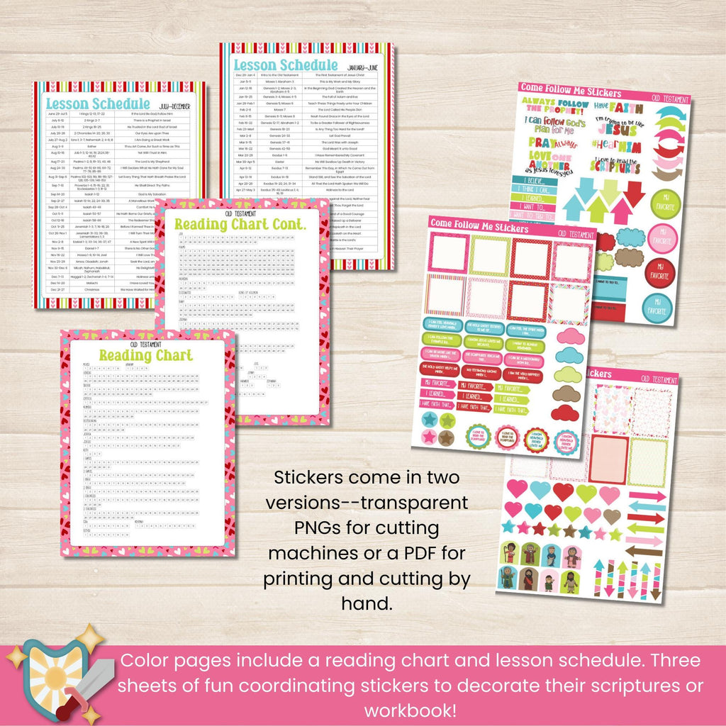 2026 Old Testament Come Follow Me bundle that includes the workbook and coloring book for kids in pink, red, and green colors. Two pages per lesson to help children learn from the scriptures with activities that have them look up verses, then color, draw, doodle or write what they learn. Coloring book includes 117 pages with people from the Old Testament to color and a companion journal page with activities for each character.