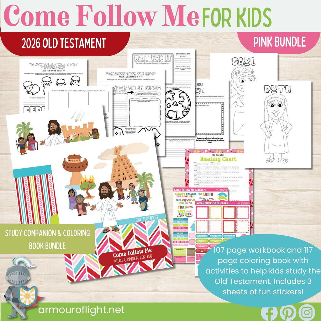 2026 Old Testament Come Follow Me bundle that includes the workbook and coloring book for kids in pink, red, and green colors. Two pages per lesson to help children learn from the scriptures with activities that have them look up verses, then color, draw, doodle or write what they learn. Coloring book includes 117 pages with people from the Old Testament to color and a companion journal page with activities for each character.