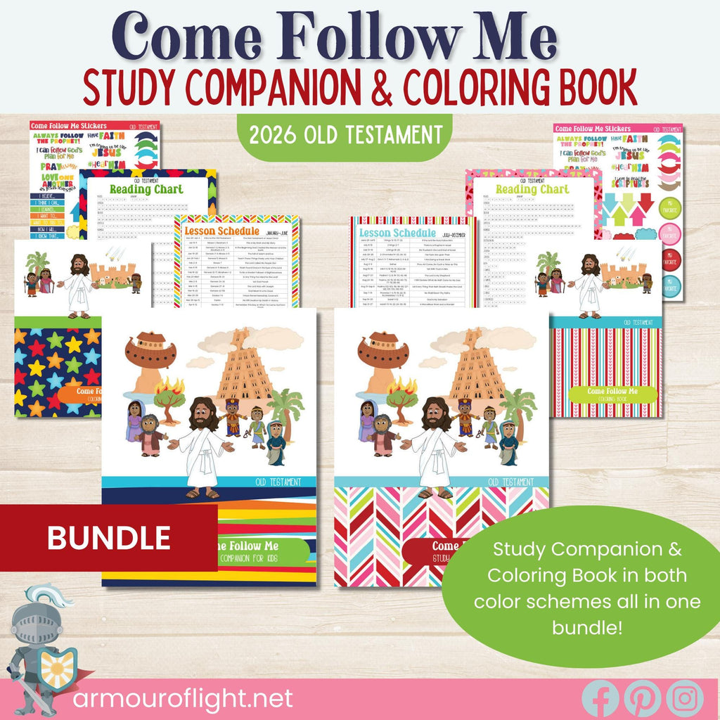 2026 Old Testament Come Follow Me bundle that includes the workbook and coloring book for kids in both pink and blue colors. Two pages per lesson to help children learn from the scriptures with activities that have them look up verses, then color, draw, doodle or write what they learn. Coloring book includes 117 pages with people from the Old Testament to color and a companion journal page with activities for each character.