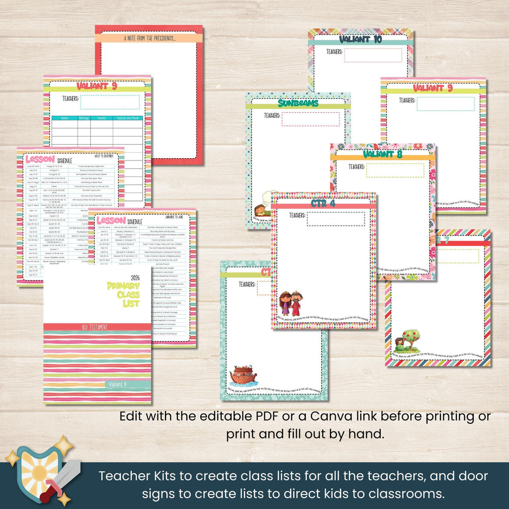 2026 Primary Presidency Planner for Primary Presidents in the Church of Jesus Christ of Latter Day Saints. Monthly calendars, meeting notes, activity planners, birthdays, lesson schedules and Come Follow Me planning pages. Includes 11 pages of coordinating stickers and 7 pages of tabs to organize and assemble the planner. Also includes teacher kits and door signs for Primary.