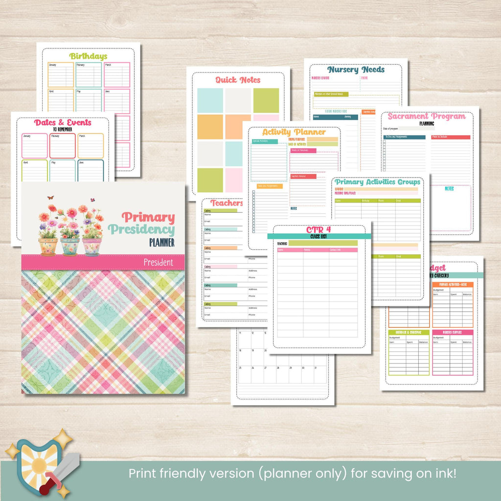 2026 Primary Presidency Planner for Primary Presidents in the Church of Jesus Christ of Latter Day Saints. Monthly calendars, meeting notes, activity planners, birthdays, lesson schedules and Come Follow Me planning pages. Includes 11 pages of coordinating stickers and 7 pages of tabs to organize and assemble the planner. Also includes teacher kits and door signs for Primary.