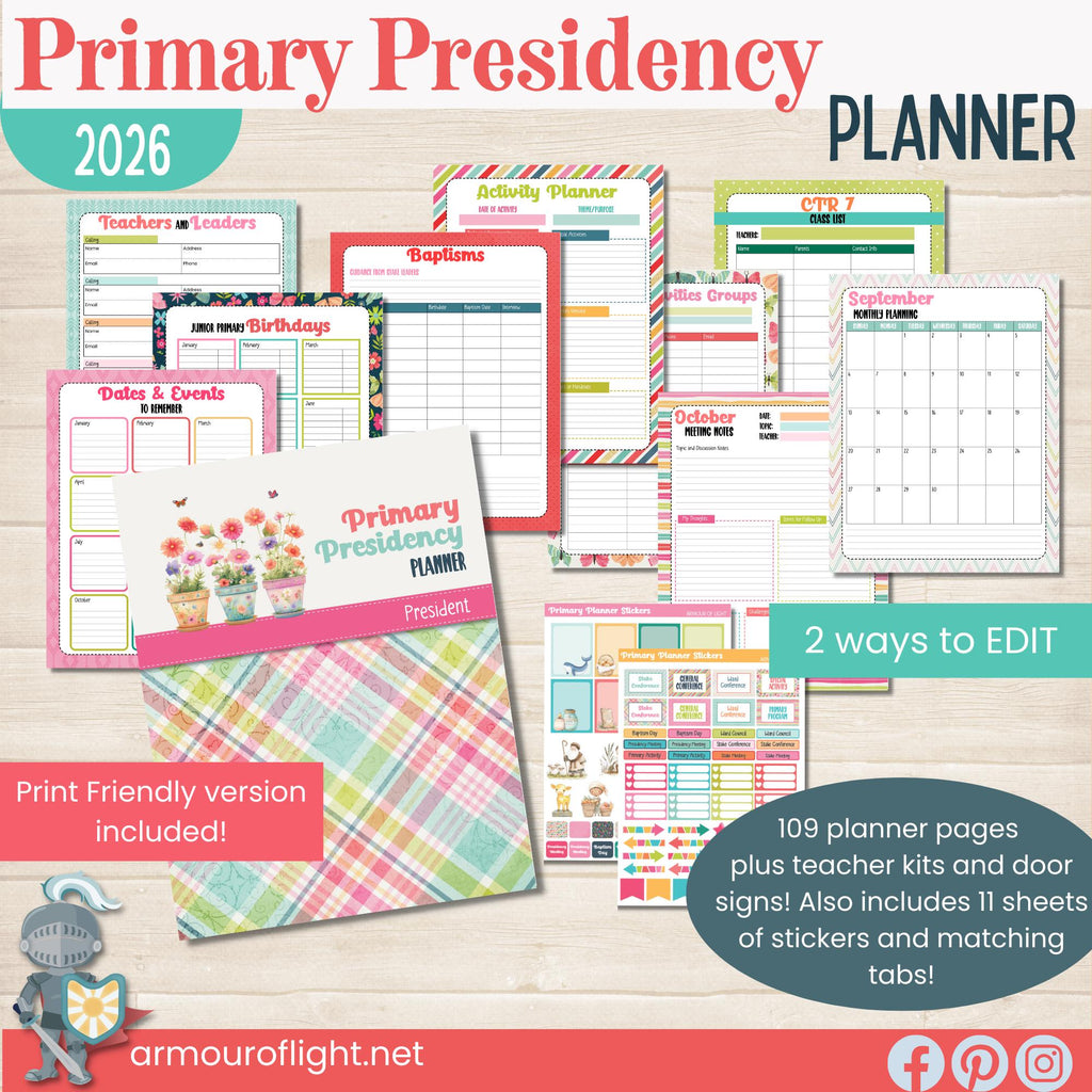 2026 Primary Presidency Planner for Primary Presidents in the Church of Jesus Christ of Latter Day Saints. Monthly calendars, meeting notes, activity planners, birthdays, lesson schedules and Come Follow Me planning pages. Includes 11 pages of coordinating stickers and 7 pages of tabs to organize and assemble the planner. Also includes teacher kits and door signs for Primary.