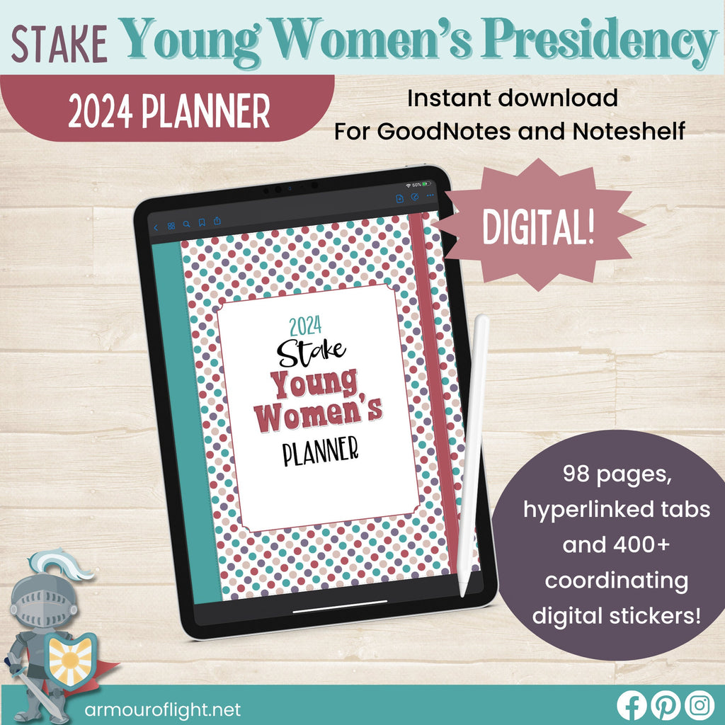 2024 Stake Young Women&#39;s Presidency Digital Planner for Good Notes or Note Shelf. Includes hyperlinks and tabs and digital stickers