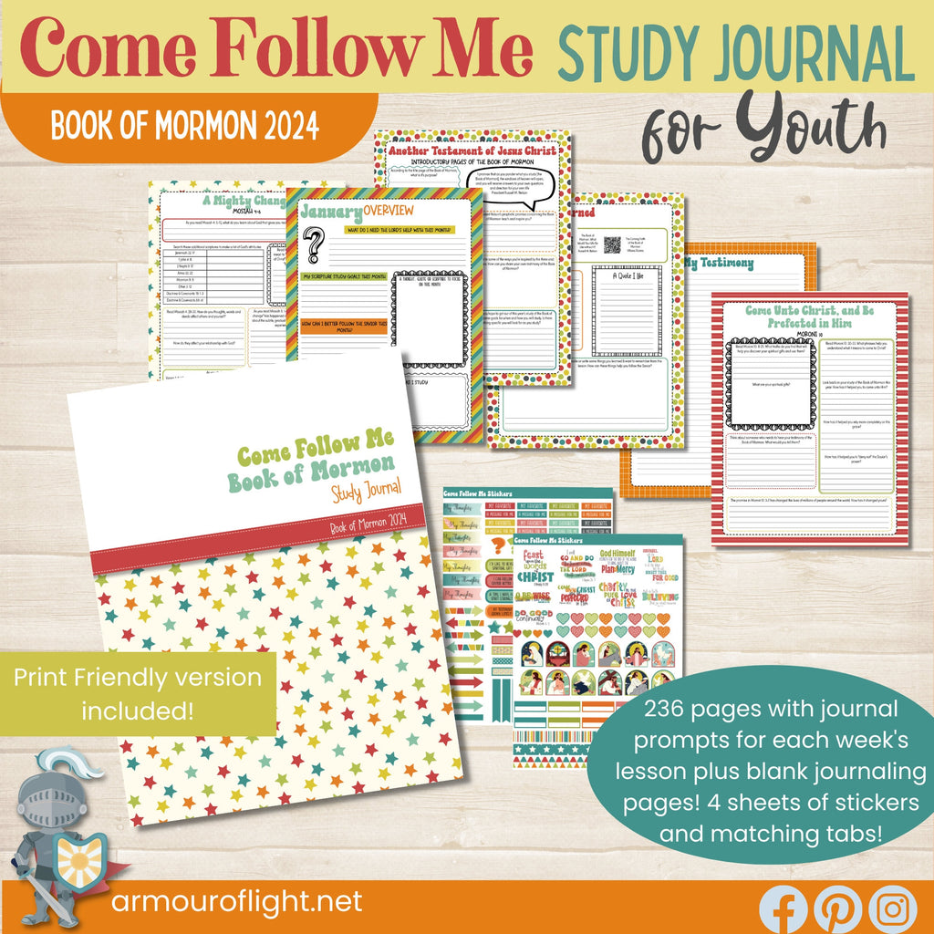 Come Follow Me Scripture Study journal for the Book of Mormon with guided questions from the lesson manual. Includes stickers and tabs, reading charts and lesson schedules.