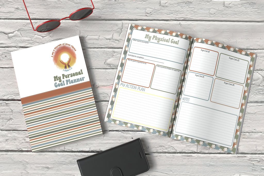 LDS personal goal planner for your to go with the Book of Mormon study of 2024. Includes pages for all four goal areas in the Children and Youth Program plus blank journal pages