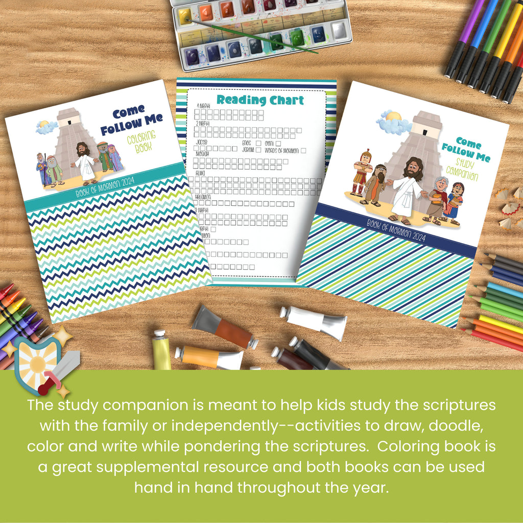 Come Follow Me 2024 workbook and coloring book for the Book of Mormon for kids. Includes three sheets of scripture stickers and Book of Mormon Hero Cards.