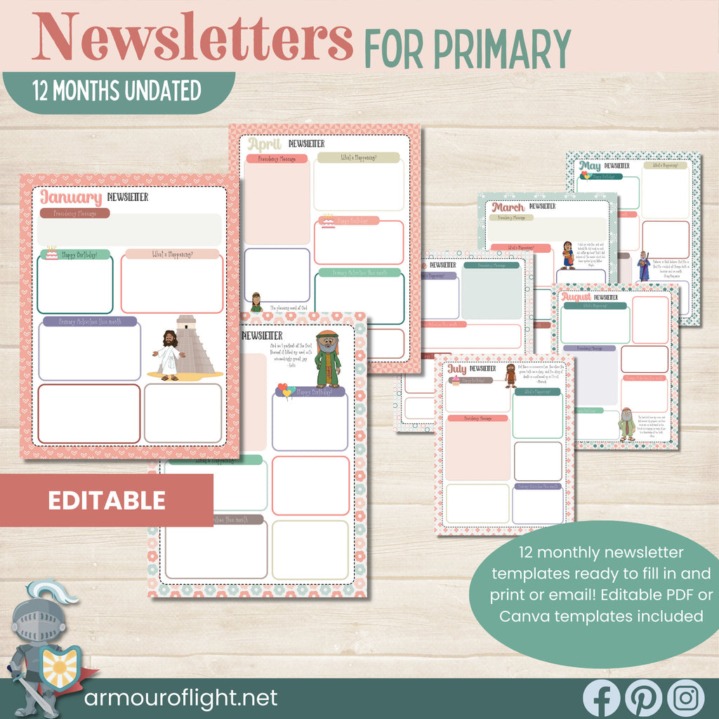 LDS Primary Newsletters, Monthly Newsletter Template Bundle, Book of Mormon Theme, Come Follow Me 2024, Editable with Canva, Undated PDF