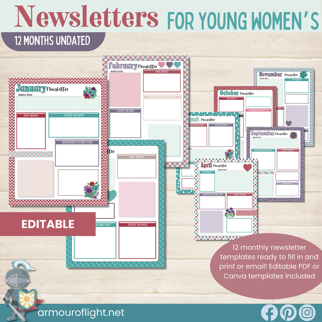 Editable Young Women&#39;s Newsletters can be edited using a Canva Template or via the editable PDF that is included. Print or email monthly to keep Young Women and parents informed of upcoming events and special information