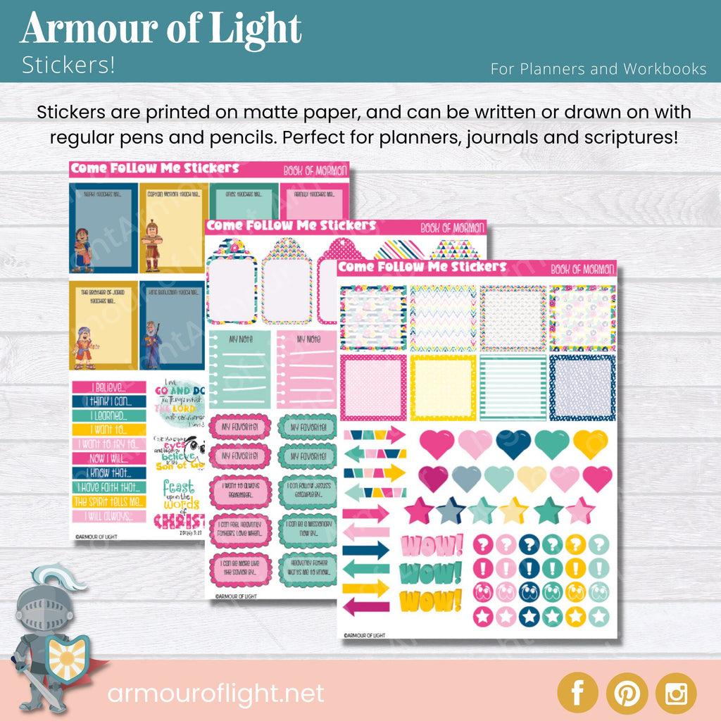 Come Follow Me Planner and Journal stickers for the Book of Mormon for kids scripture study.