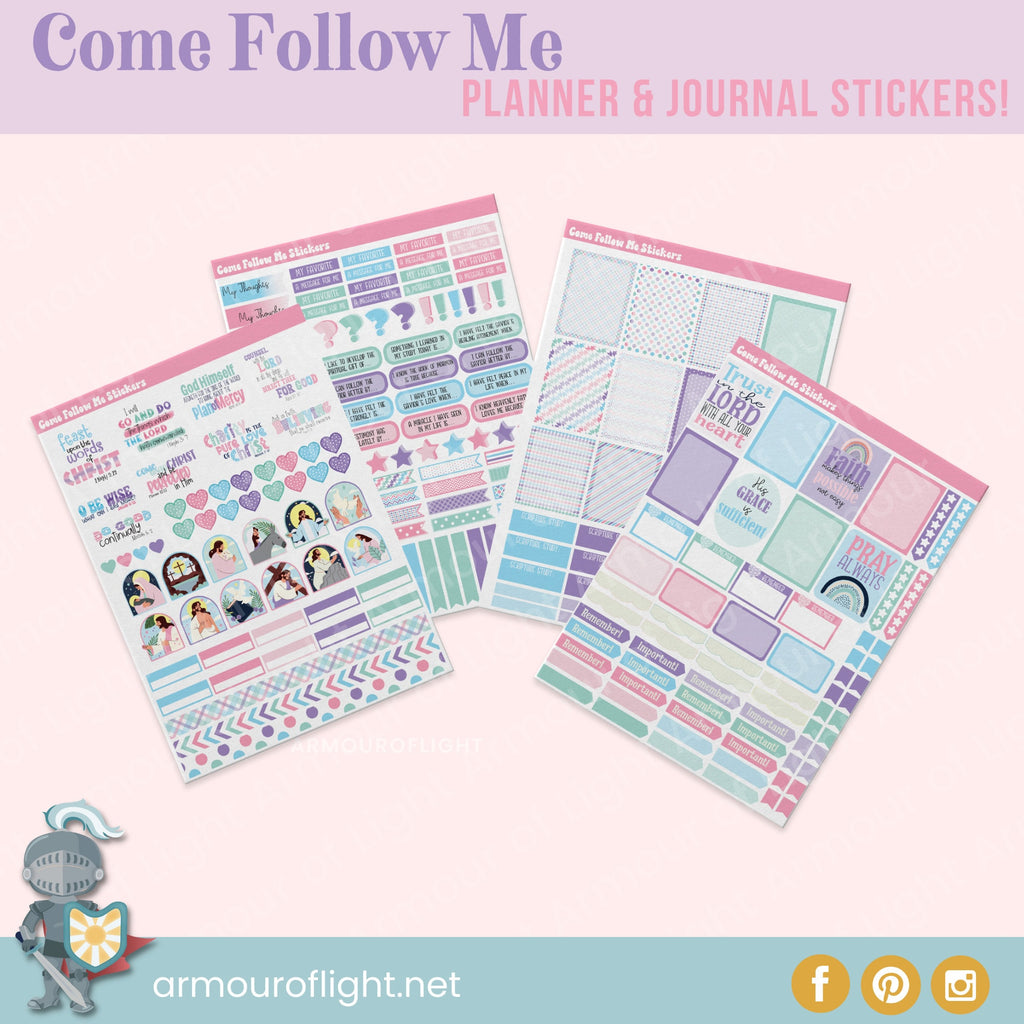 Come Follow Me paper planner sticker bundle for scripture journals, planners and notebooks. Matte finish for easy writing.