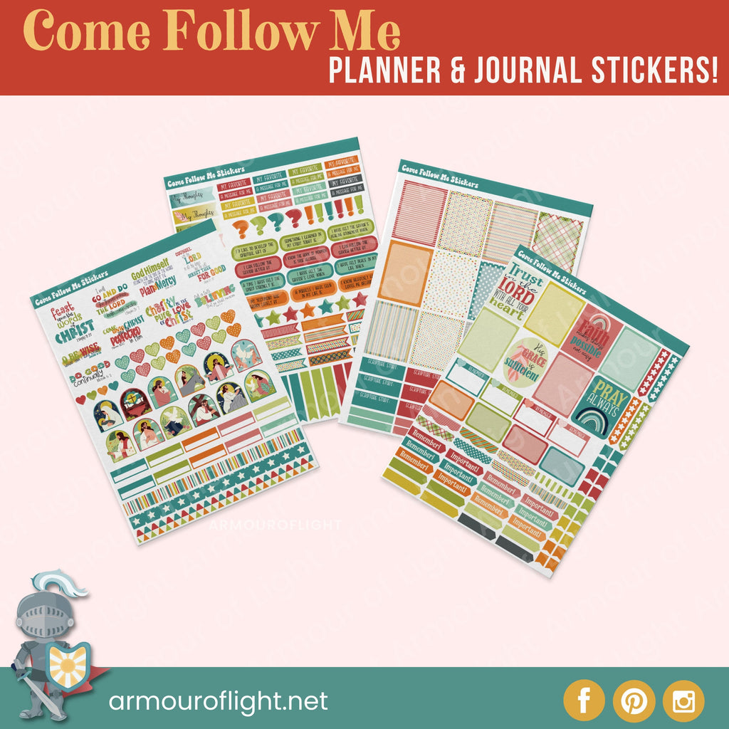 Come Follow Me paper planner sticker bundle for scripture journals, planners and notebooks. Matte finish for easy writing.